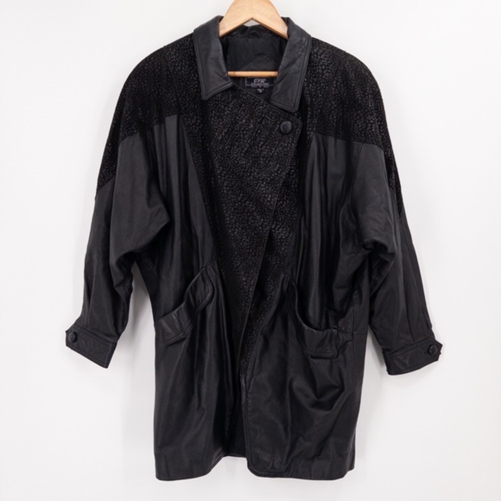 Vintage Black Leather Suede Patchwork Jacket Womens M Grunge 90s Oversized Baggy